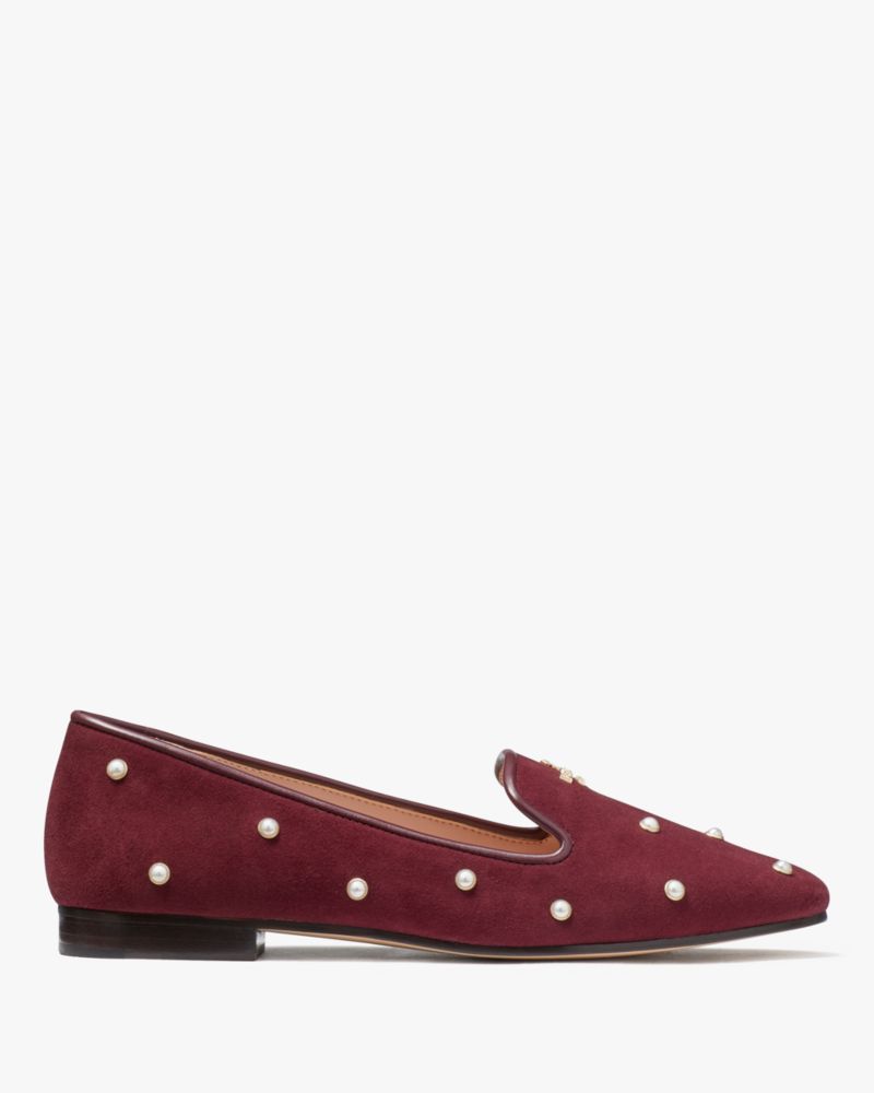 Kate Spade,Claudia Pearl Flats,Faux Leather,Suede,Smoking Flat,Logo,Metal,Pearl,Day Party,Maroon