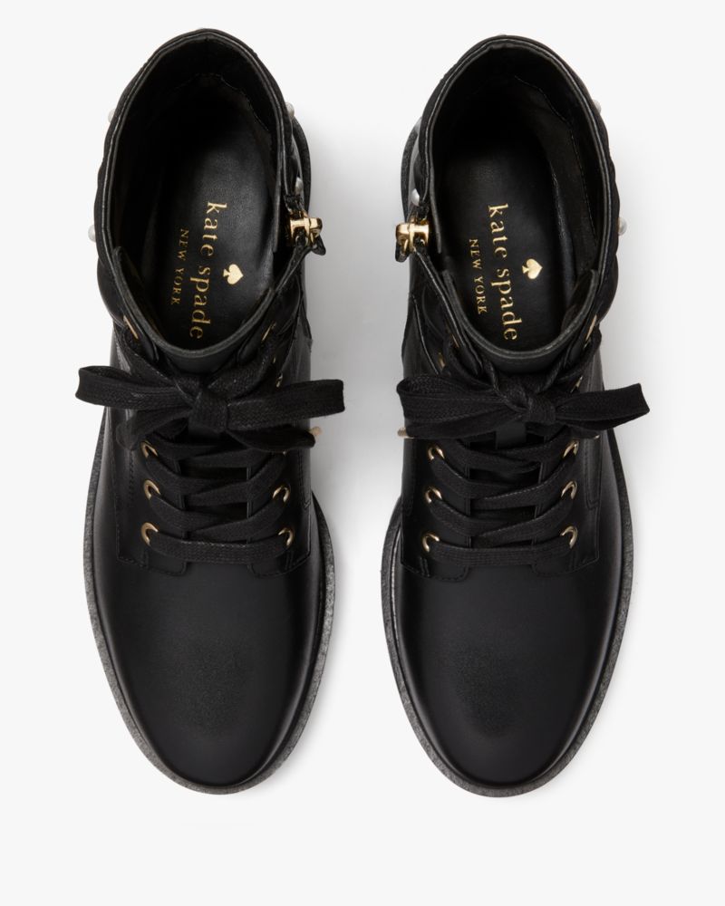 Kate Spade,Billie Pearl Booties,Leather,Rubber,Bootie,Combat,Quilted,Metal,Logo,Pearl,Pull Tab,Casual,Day Party,Black