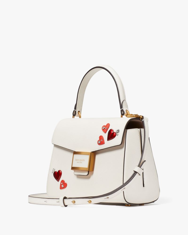 Kate Spade,Katy Heart Embellished Small Top-handle Bag,Leather,Crossbody,Applique,Rhinestones,Logo,Day Party,White