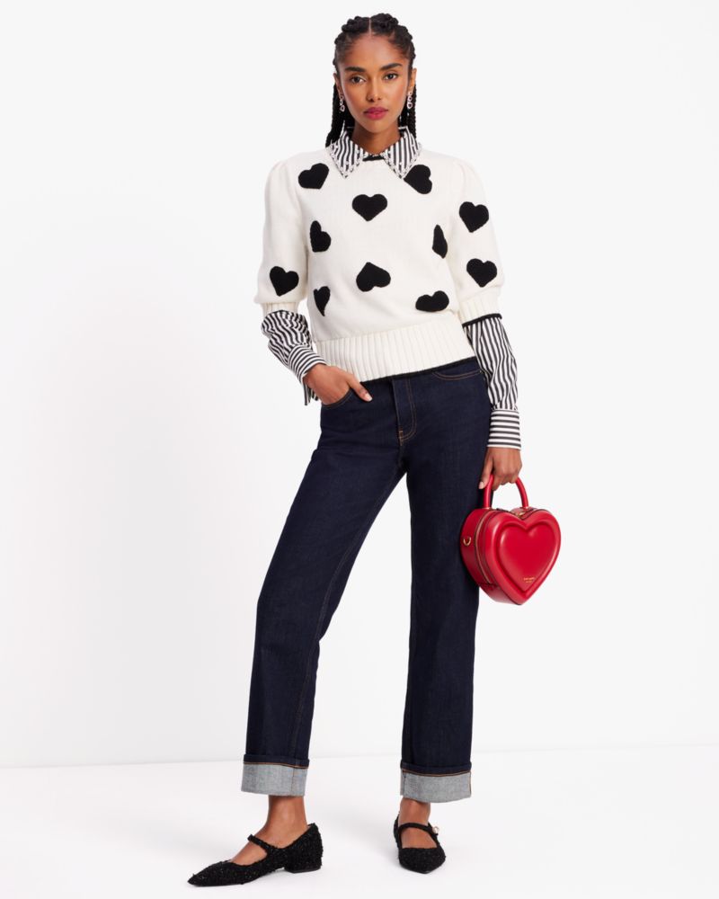 Kate Spade,Scattered Hearts Crochet Sweater,Black/French Cream