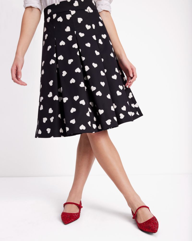 Kate Spade,Scattered Hearts Midi Skirt,Polyester,Spandex,A-Line,Pleated,No Embellishment,Day Party,Black