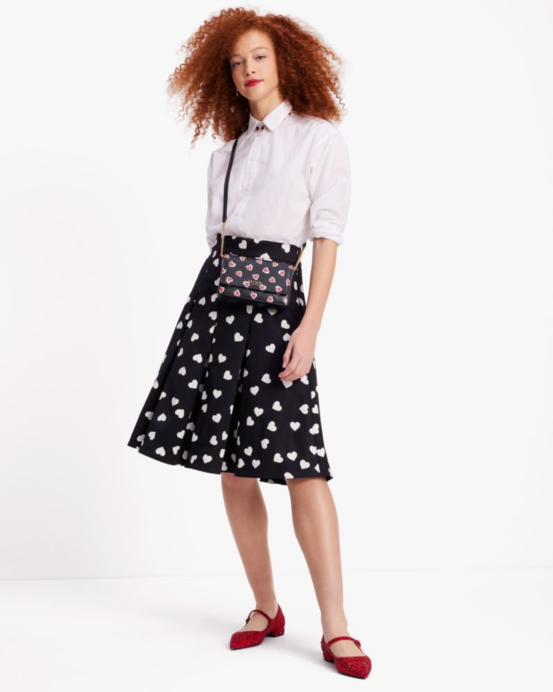 Kate Spade,Scattered Hearts Midi Skirt,Polyester,Spandex,A-Line,Pleated,No Embellishment,Day Party,Black