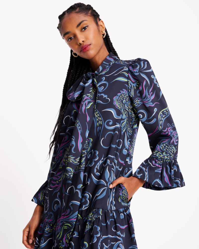 Kate Spade,Lunar New Year Dragons Tie-Neck Dress,Cocktail,Blazer Blue Multi