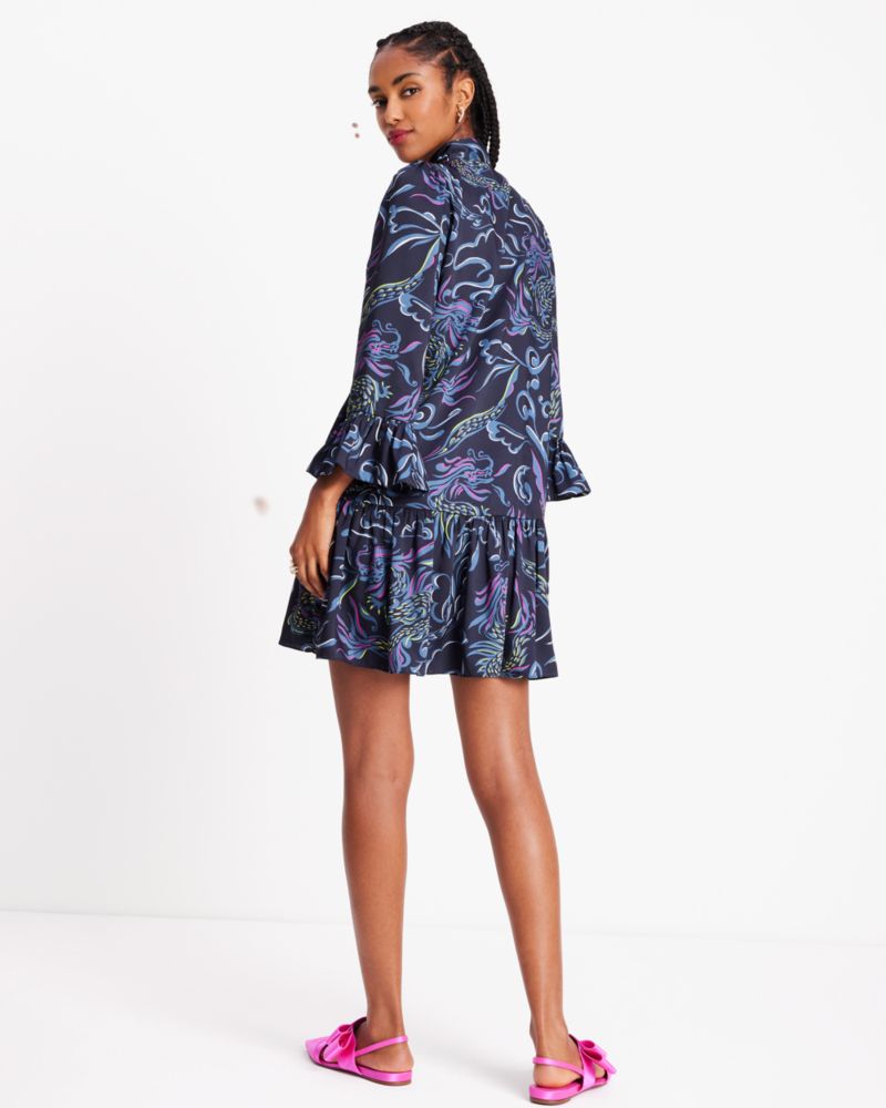 Kate Spade,Lunar New Year Dragons Tie-neck Dress,Lining Polyester,Polyester,Drop Waist,A-Line,Ruffles,Day Party,Multi Color