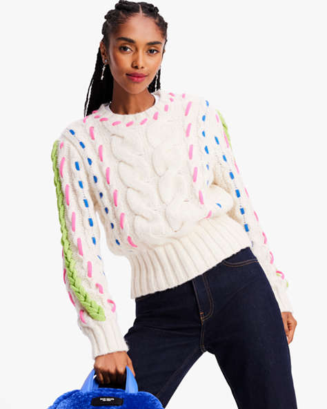 Kate Spade,Cable Knit Sweater,Cream Multi
