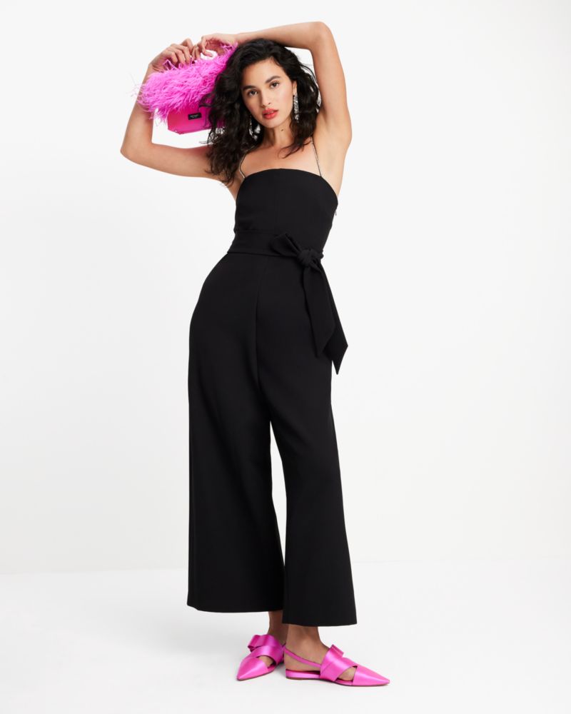 Strapless Faux-Feather Wide-Leg Jumpsuit - Black