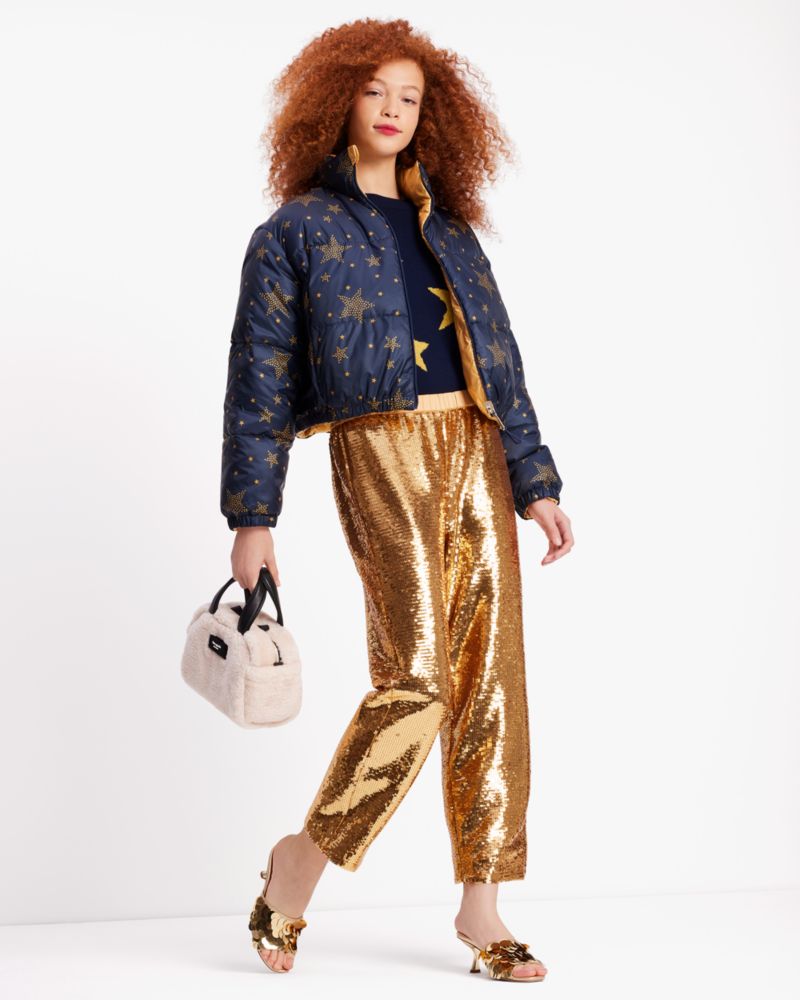 Kate Spade,Sequin Jogger Pants,Polyester,Spandex,Straight,Embellished,Sequin,Party,Gold,Metallic