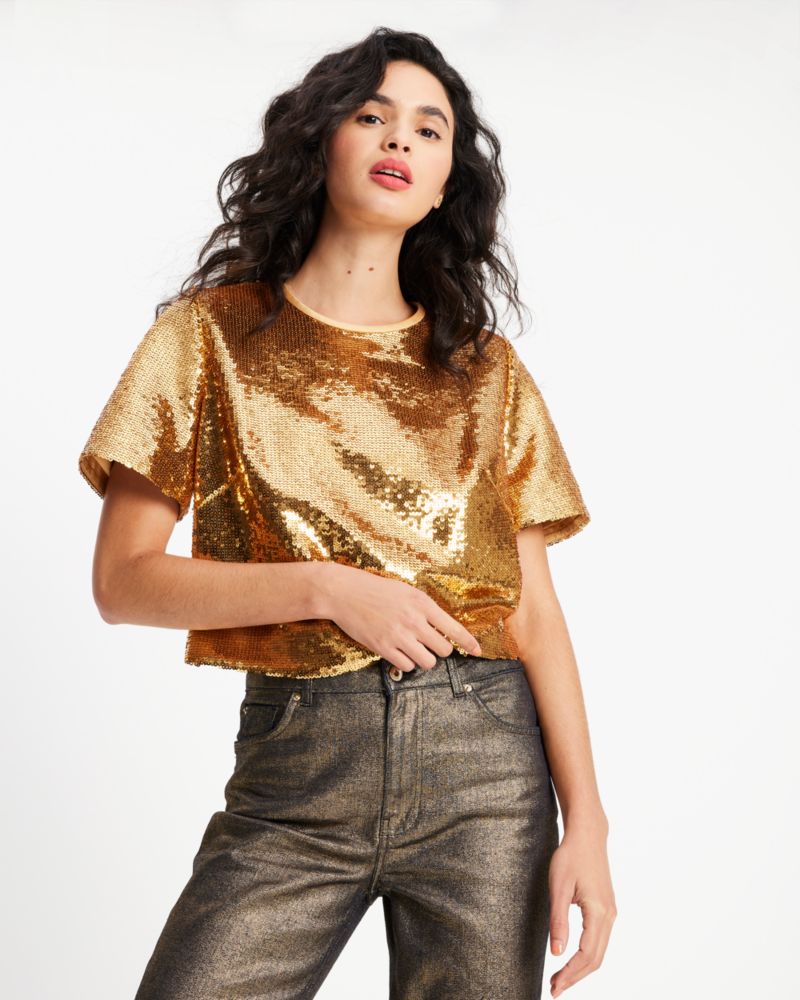 Kate Spade,Sequin Top,Polyester,T Shirt,Embellished,Sequin,Party,Metallic