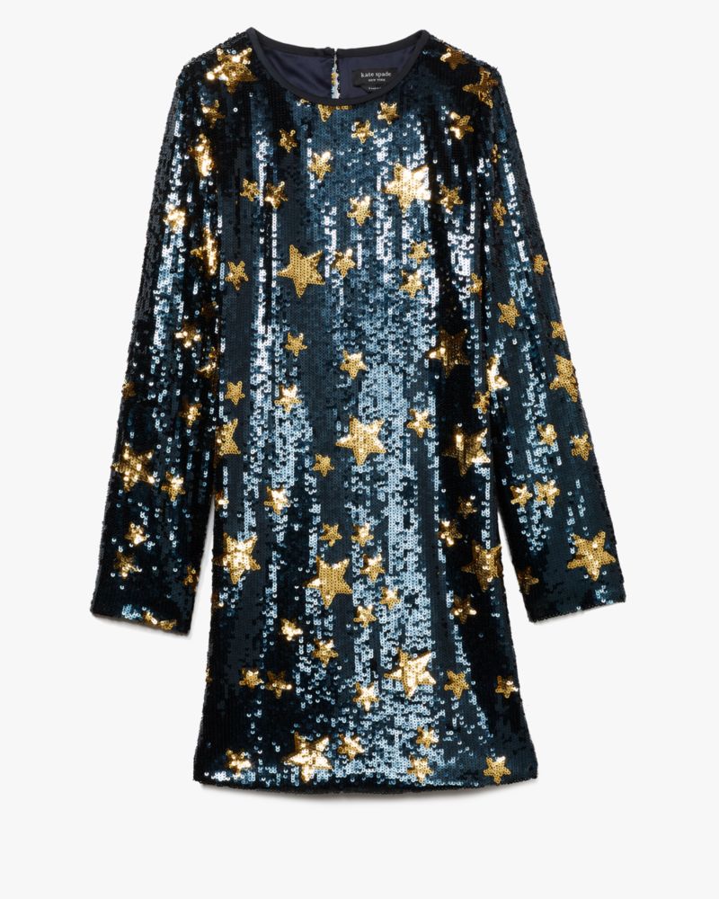 Kate Spade,Starlight Sequin Shift Dress,Polyester,Sheath,A-Line,Shift,Blazer Dress,Embellished,Sequin,Day Party,Party,Metallic,Navy