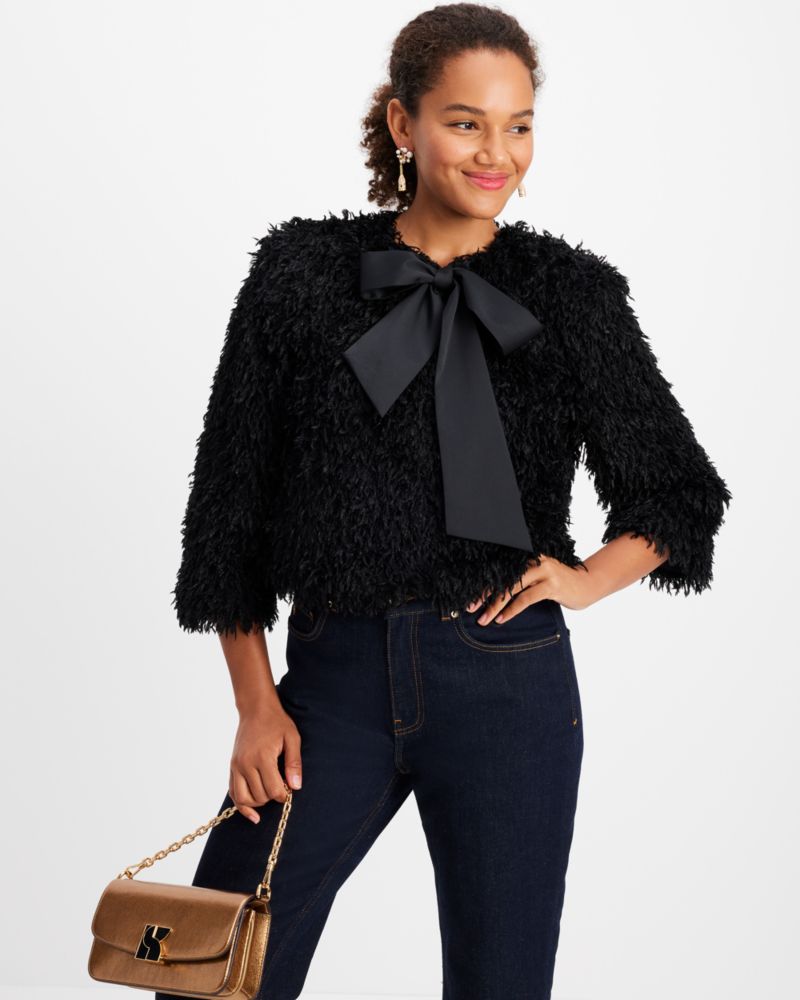 Kate Spade,Faux Feather Bow Jacket,Black