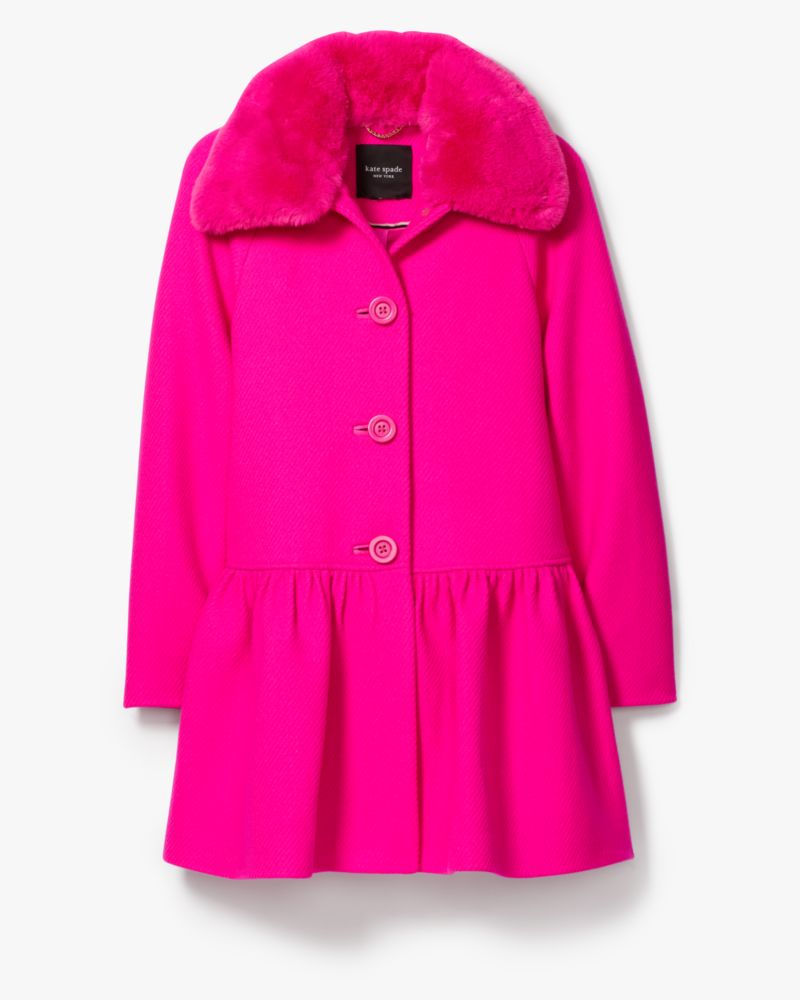 Kate Spade,Faux Fur Flounce Wool Coat,Wool,Polyamide,Twill,A-Line,Fur Embellishment,Day Party,Fuchsia