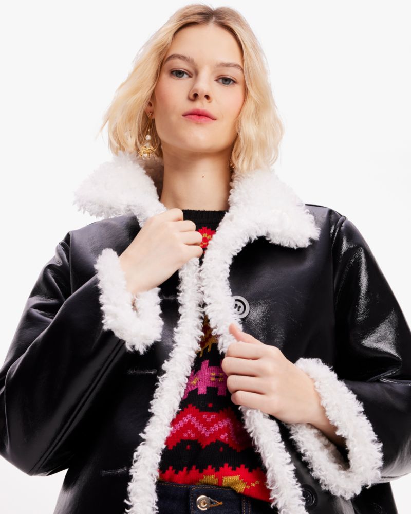 Reversible Faux Patent Shearling Coat