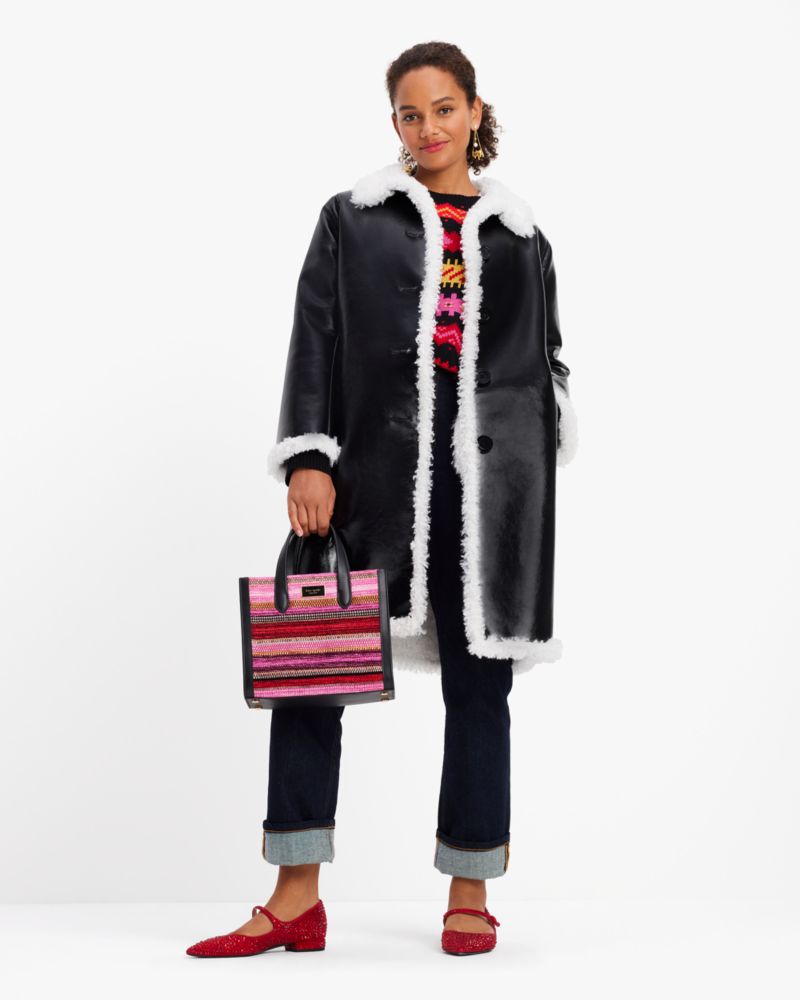 Kate Spade,Reversible Faux Patent Shearling Coat,Black/Cream