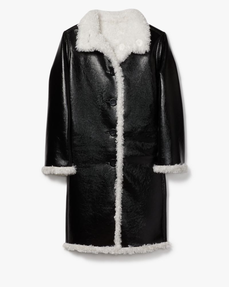 Kate Spade,Reversible Faux Patent Shearling Coat,Faux Leather,Polyester,Shearling,Color Block,Piping,Fur Embellishment,Day...,Black