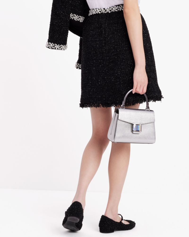 Kate Spade,Embellished Tweed Skirt,Tweed,Polyester,Spandex,A-Line,Pearl,Embellished,Rhinestones,Sequin,Fringe,Day Party,Black