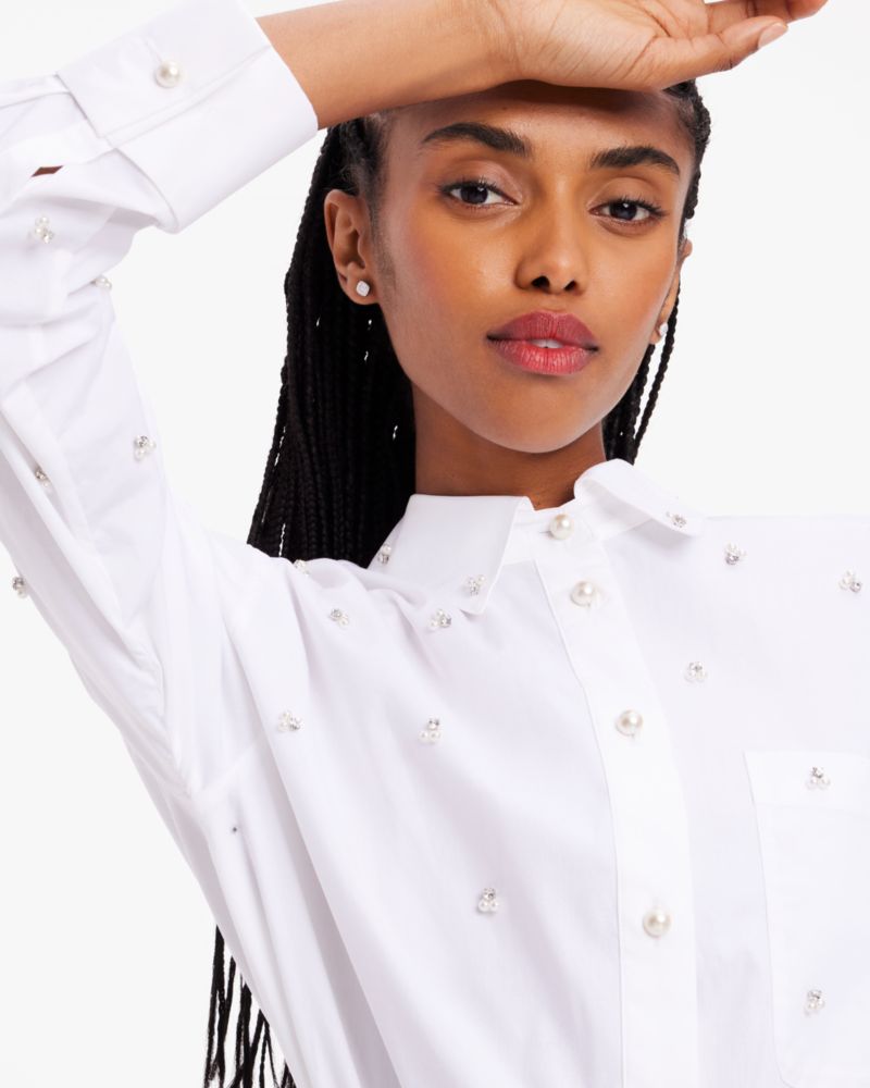 Kate Spade,Embellished Poplin Shirt,Spandex,Cotton,Button Down,Pearl,Rhinestones,Day Party,White