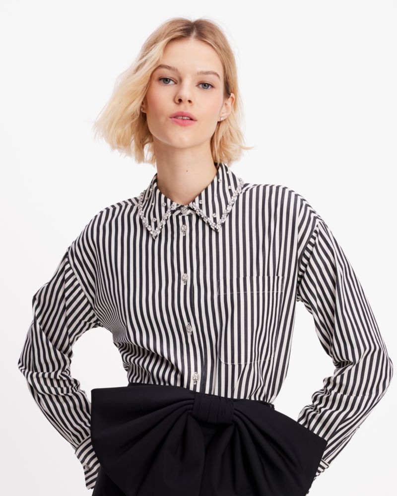 Kate Spade,Acrobat Stripe Embellished Shirt,Black/French Cream