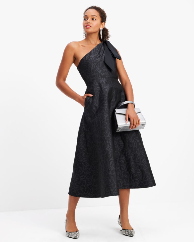 Kate Spade,Flourish Swirl One-Shoulder Dress,Lining Polyester,Spandex,Taffeta,Polyester,Gown,A-Line,Tie Belt,Cocktail,Black