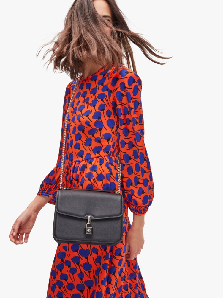 Kate Spade,Locket Large Flap Shoulder Bag,Leather,Shoulder Bag,3D Embellishment,Logo,Metal,Shoulder Guard,Day Party,Black