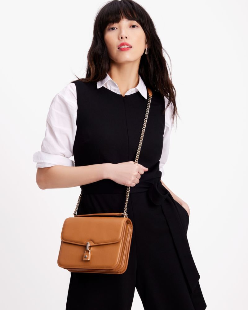 Kate Spade,Locket Large Flap Shoulder Bag,Leather,Shoulder Bag,3D Embellishment,Logo,Metal,Shoulder Guard,Day Party,Brown