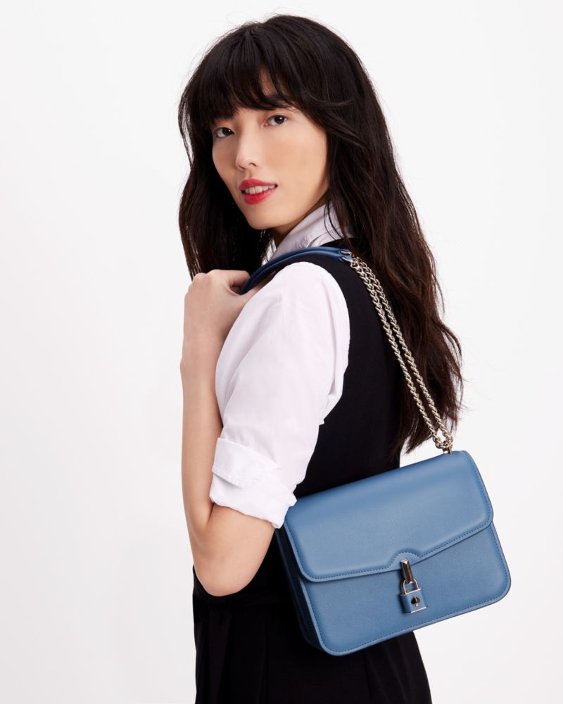 Kate Spade,Locket Large Flap Shoulder Bag,Leather,Shoulder Bag,3D Embellishment,Metal,Shoulder Guard,Day Party,Blue