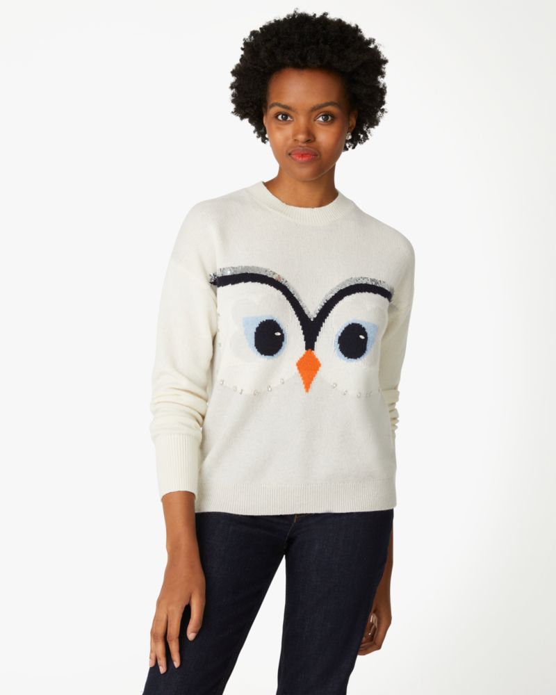 Kate Spade,Hoot Embellished Owl Sweater,White