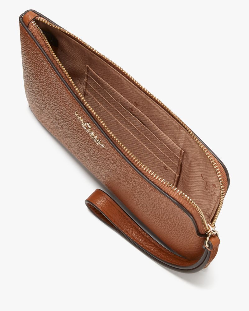 Kate Spade,Leila Medium L-zip Wristlet,Leather,Wristlet,Pouch,Logo,Metal,Gold Metal,Casual,Brown