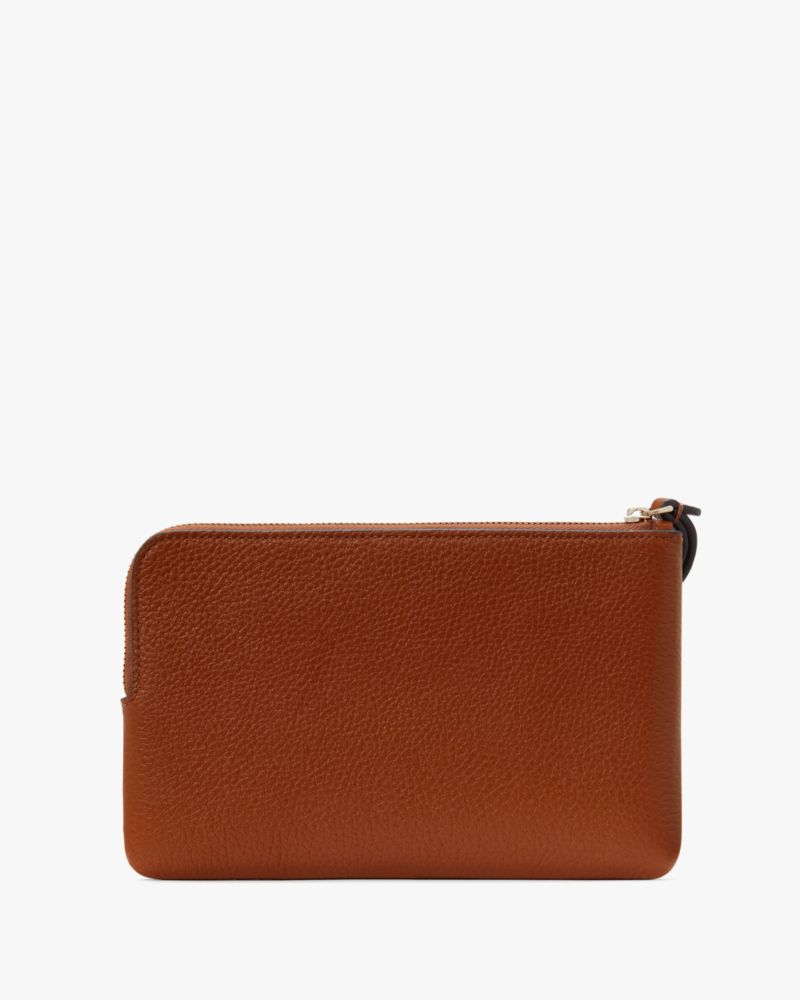 Kate Spade,Leila Medium L-zip Wristlet,Leather,Wristlet,Pouch,Logo,Metal,Gold Metal,Casual,Brown