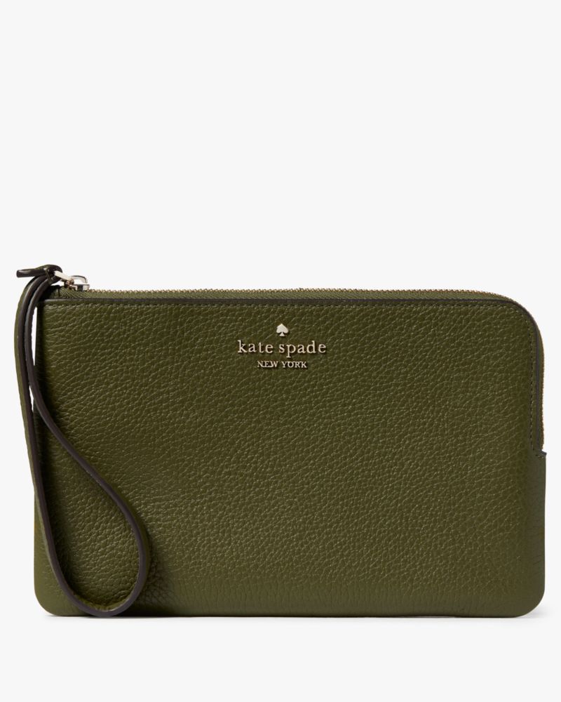 Kate Spade,Leila Medium L-Zip Wristlet,Leather,Pouch,Wristlet,Metal,Logo,Gold Metal,Casual,Olive