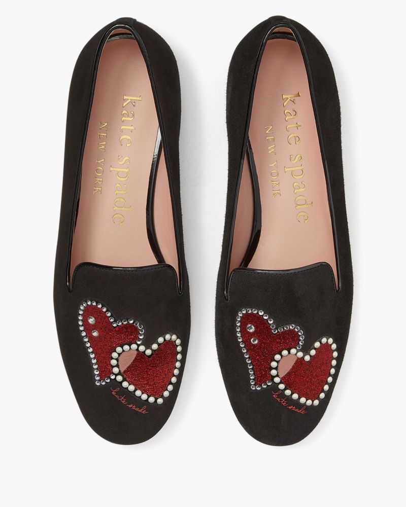 Kate Spade,Lounge Hearts Loafers,Suede,Smoking Flat,Fabric,Glitter,Rhinestones,Logo,Embroidered,Casual,
