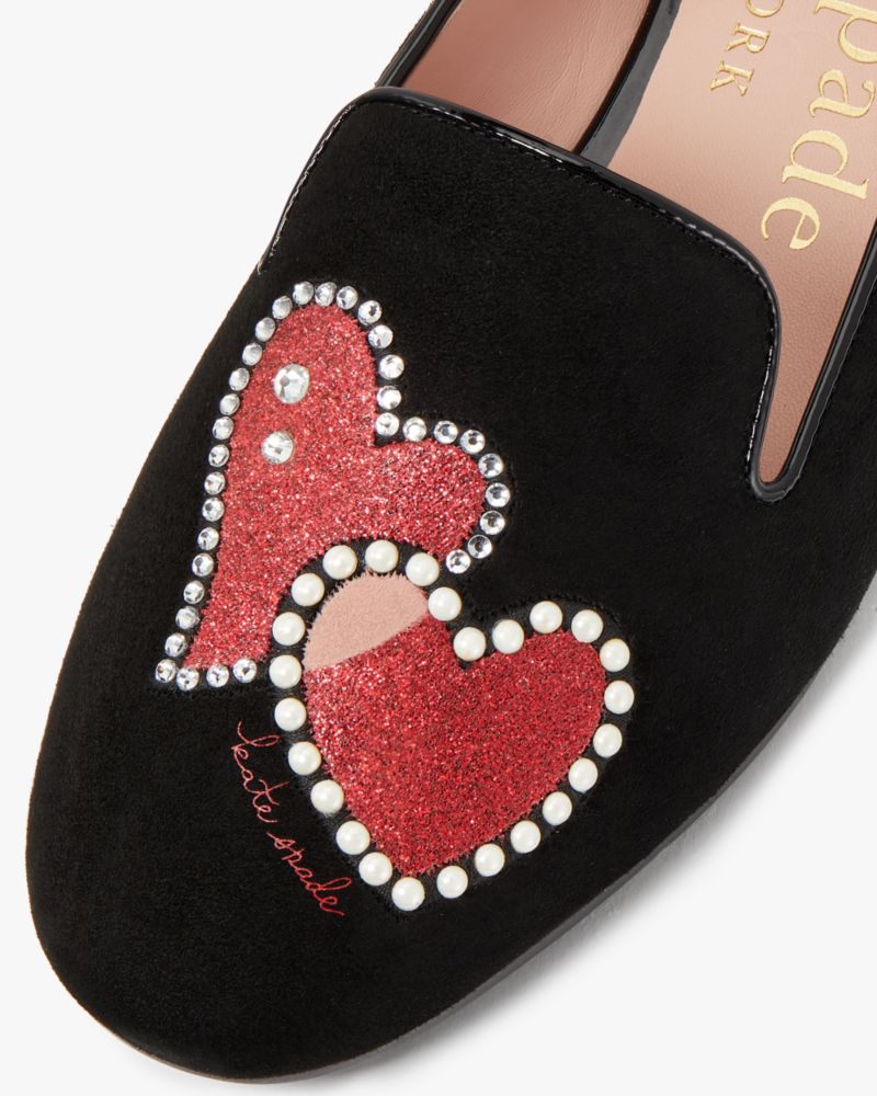 Kate Spade,Lounge Hearts Loafers,Lining Leather,Suede,Smoking Flat,Logo,Word Embellishment,Rhinestones,Day Party,Black