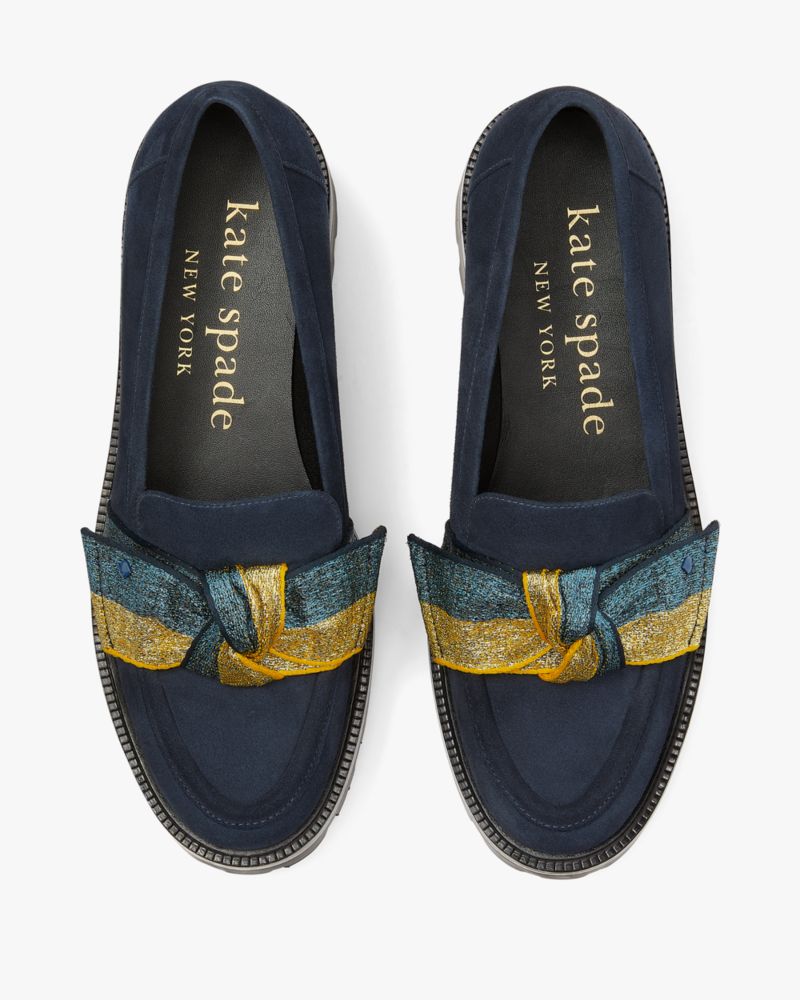 Kate Spade,Leandra Lug Loafers,Lining Leather,Suede,Flats,Loafer,Stripe,Bow,Day Party,