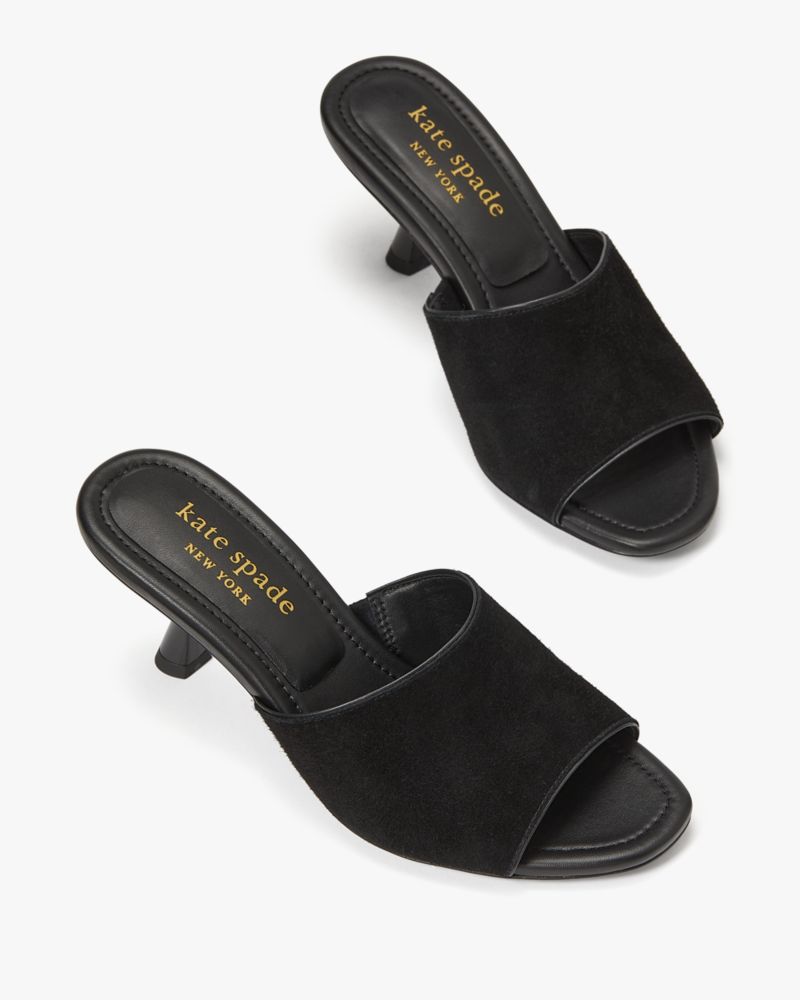 Kate Spade,Malibu Winter Heel,Suede,Rubber,Mules,Slides,Pull Tab,Pool,Cocktail,Black