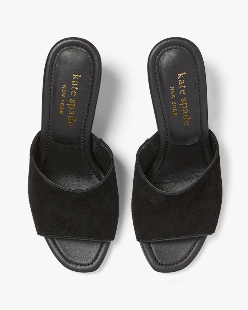 Kate Spade,Malibu Winter Heel,Suede,Rubber,Mules,Slides,Pull Tab,Pool,Cocktail,Black