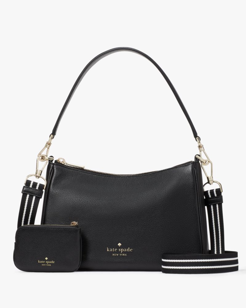 Kate Spade,Rosie Shoulder Bag,Lining Leather,Leather,Shoulder Bag,Coin,Logo,Stripe,Metal,Word Embellishment,Lined,Casual,Black