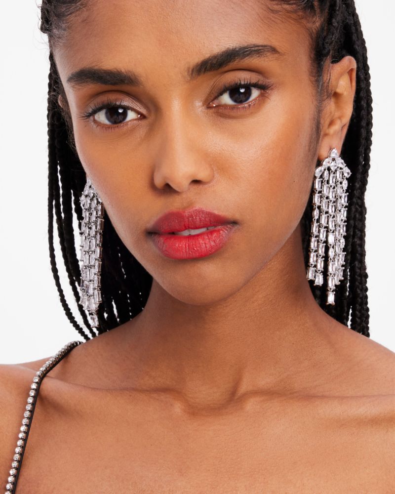 Kate Spade,Showtime Fringe Statement Earrings,Clear/Silver