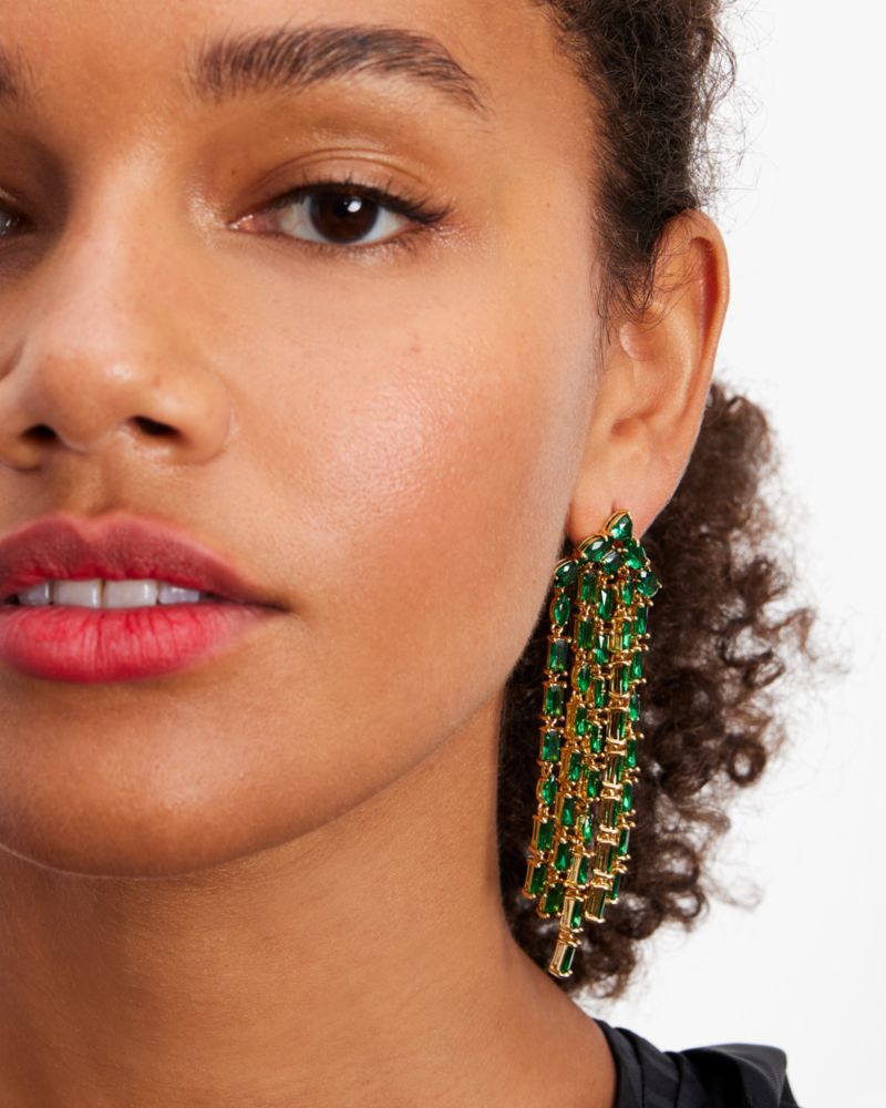 Kate Spade,Showtime Fringe Statement Earrings,Green/Gold