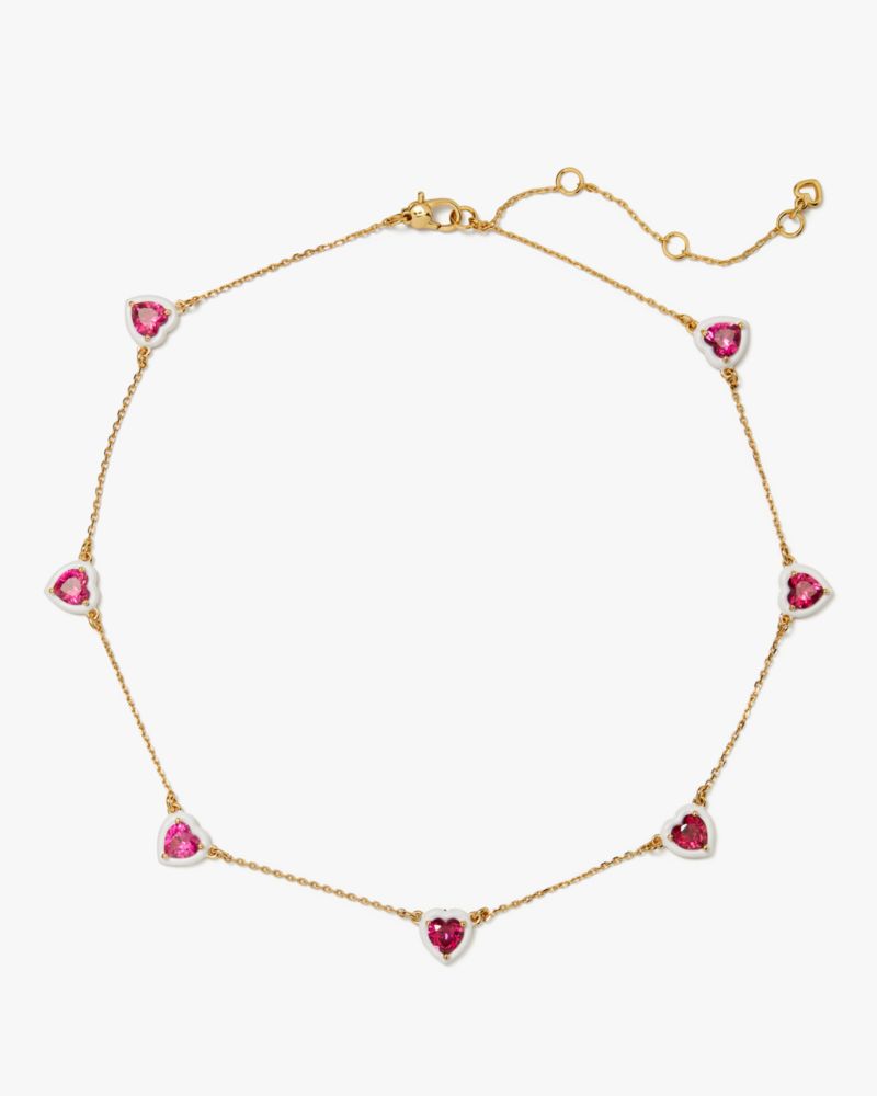 Kate Spade,Sweetheart Station Necklace,Single Strand,Enamel,Cubic Zirconia,Gem Embellishment,Chain Link,Heart Embellishmen...,Fuchsia