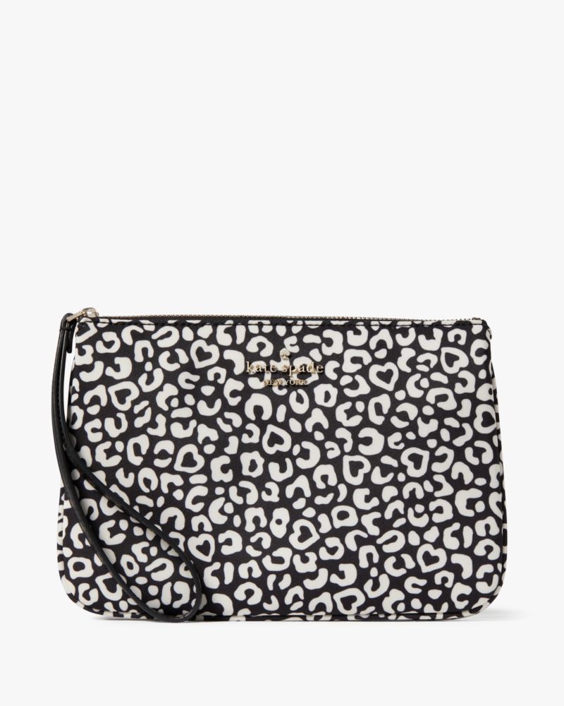 Kate Spade,Chelsea Leopard Heart Medium Wristlet Pouch,Black Multi