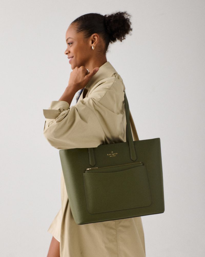 Kate Spade,Staci Large Tote Set,Tote,Pouch,PVC,Logo,Metal,Lined,Casual,Olive