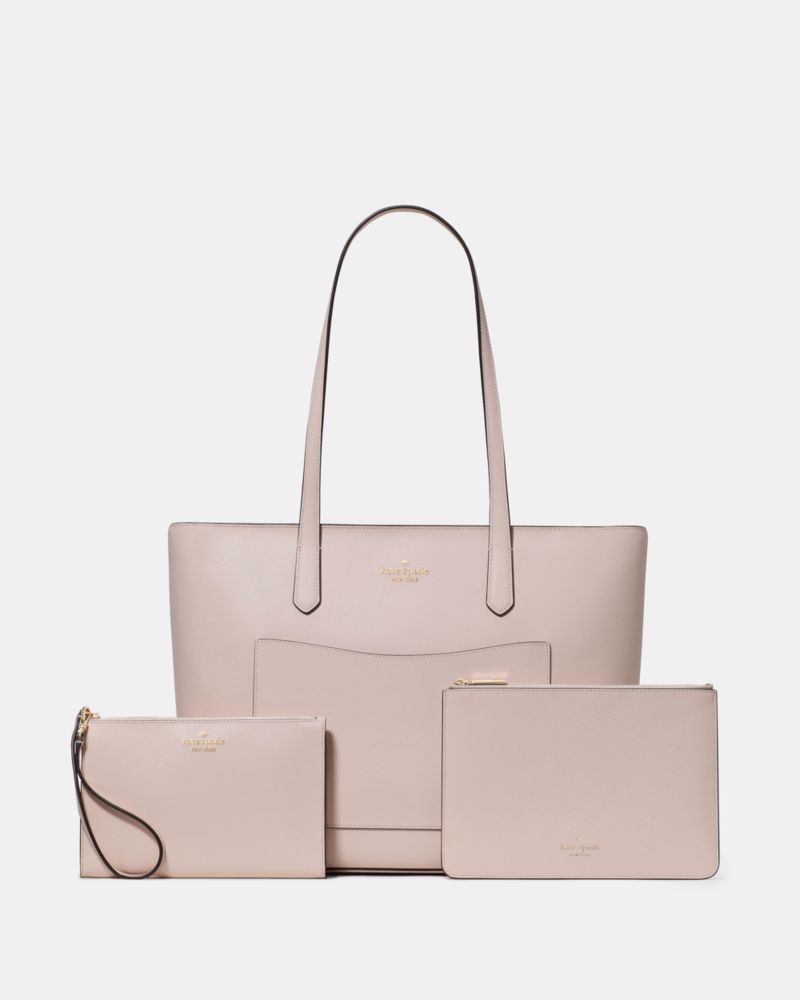 Kate Spade,Staci Large Tote Set,Tote,Pouch,PVC,Logo,Metal,Lined,Casual,Pink