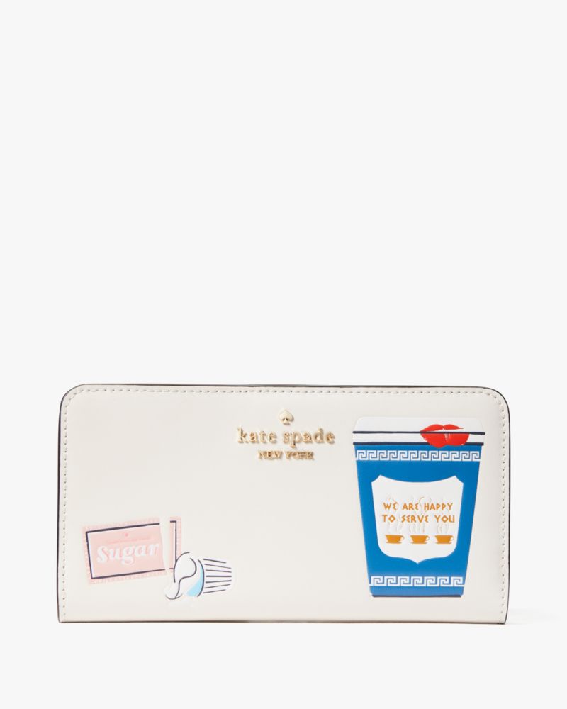 Kate Spade,Coffee Break Large Slim Bifold Wallet,Cream Multi