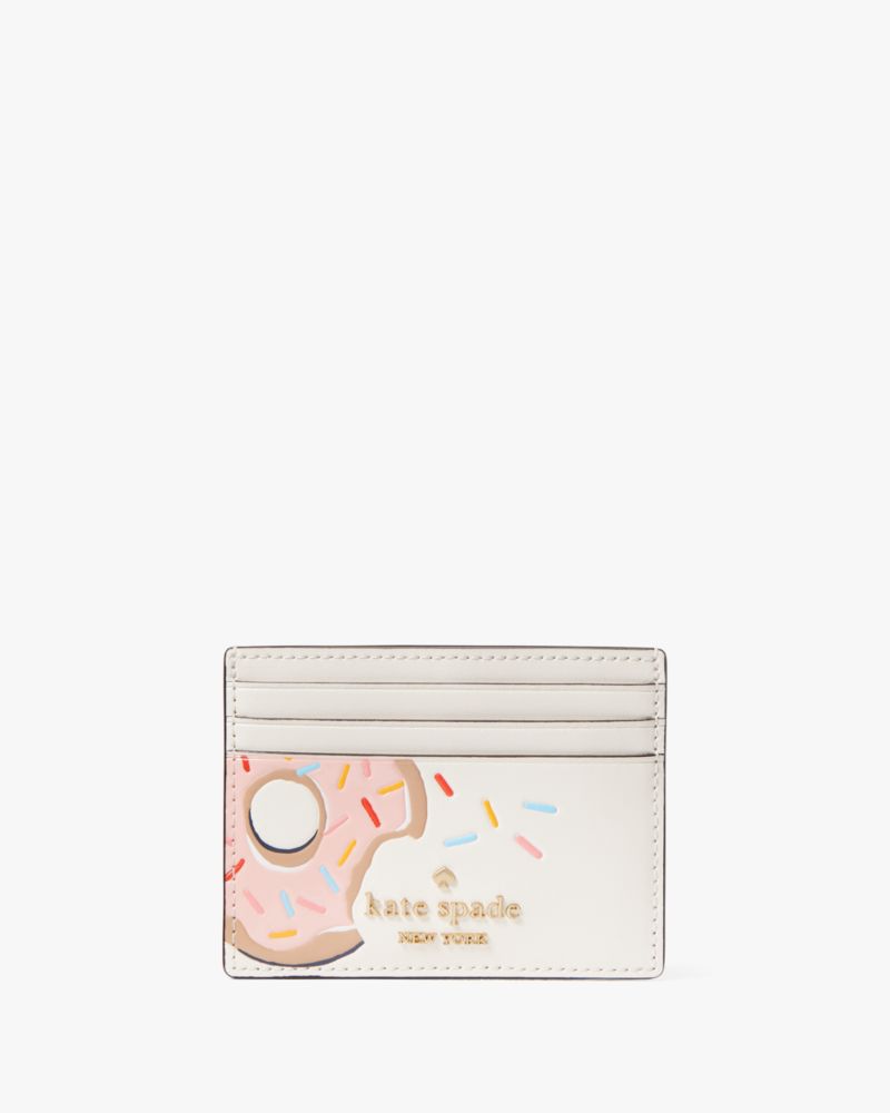 Kate Spade,Coffee Break Donut Small Slim Card Holder,Leather,Card Case,Metal,Logo,Gold Metal,Casual,Cream