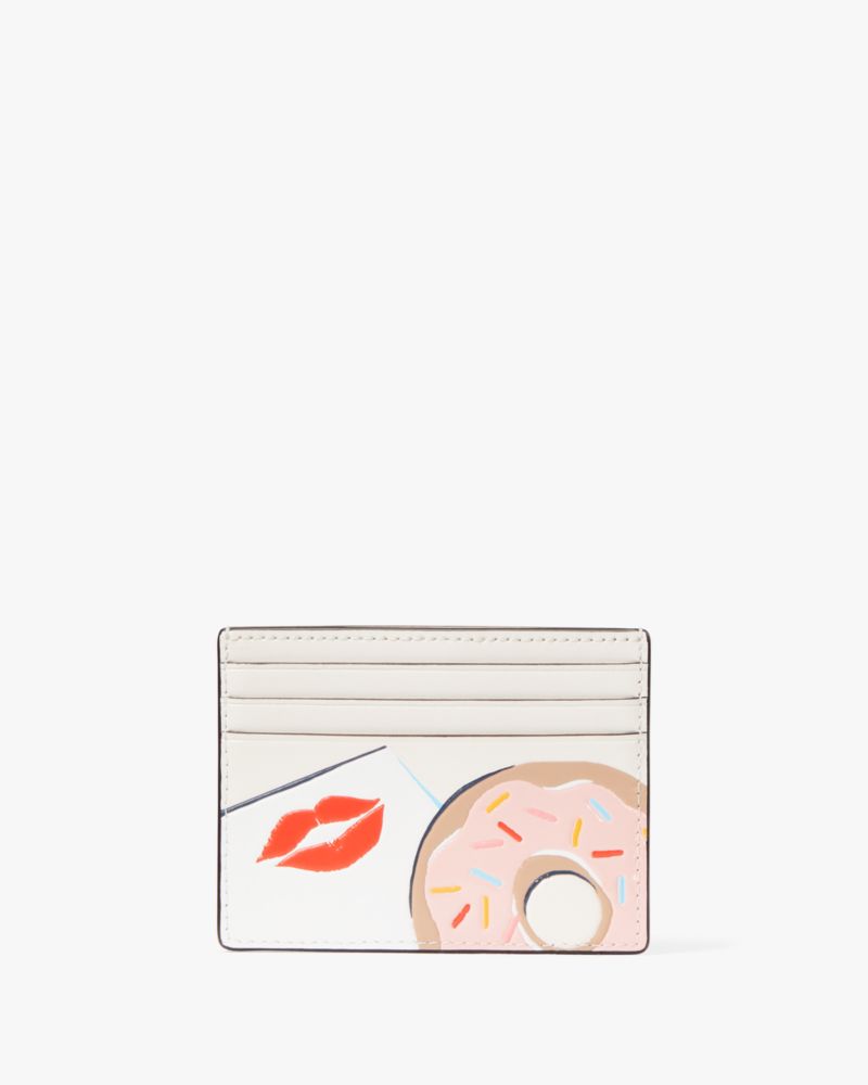 Kate Spade,Coffee Break Donut Small Slim Card Holder,Leather,Card Case,Metal,Logo,Gold Metal,Casual,