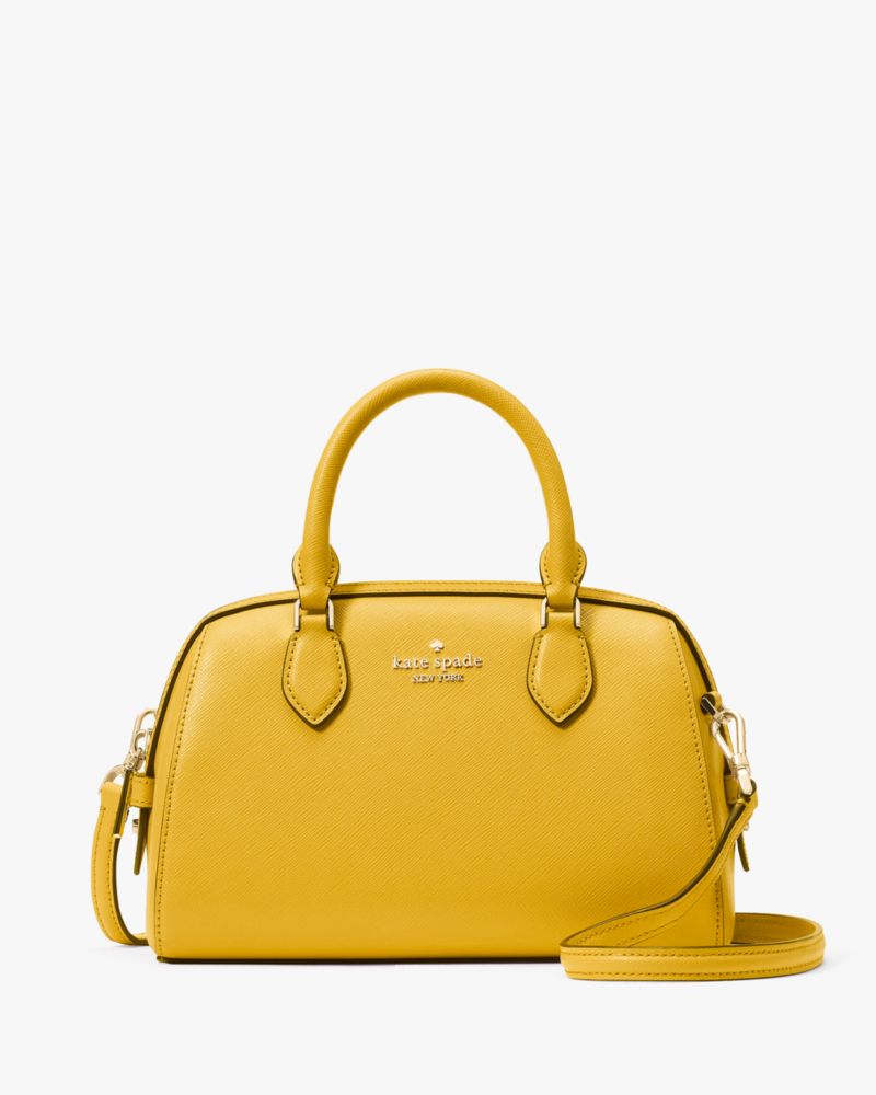 Kate Spade,Madison Saffiano Leather Small Duffle Crossbody,Lining Leather,Crossbody,Logo,Metal,Lined,Work,Mustard