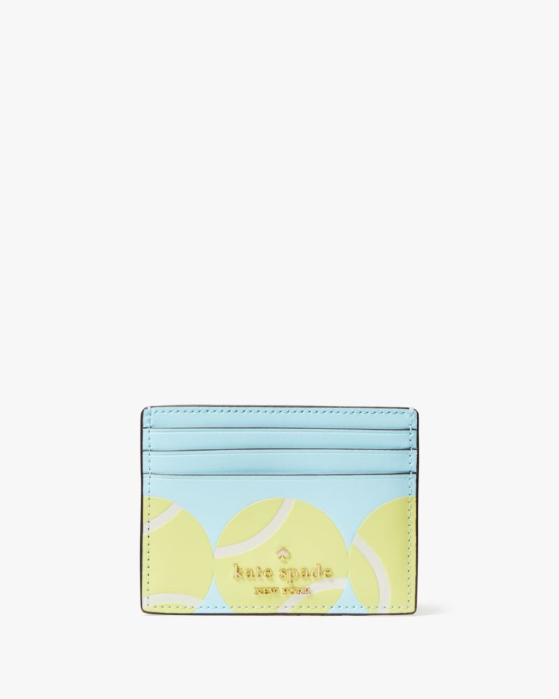 Kate Spade,Grand Slam Tennis Small Slim Card Holder,Leather,Card Case,Metal,Logo,Silver Metal,Casual,Blue