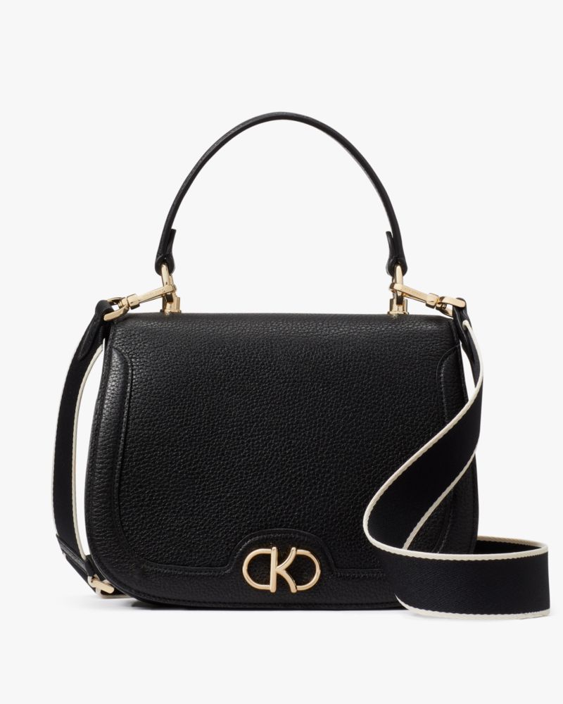 Kate Spade,Kyla Top Handle Saddle Bag,Lining Leather,Crossbody,Piping,Logo,Metal,Lined,Day Party,Black