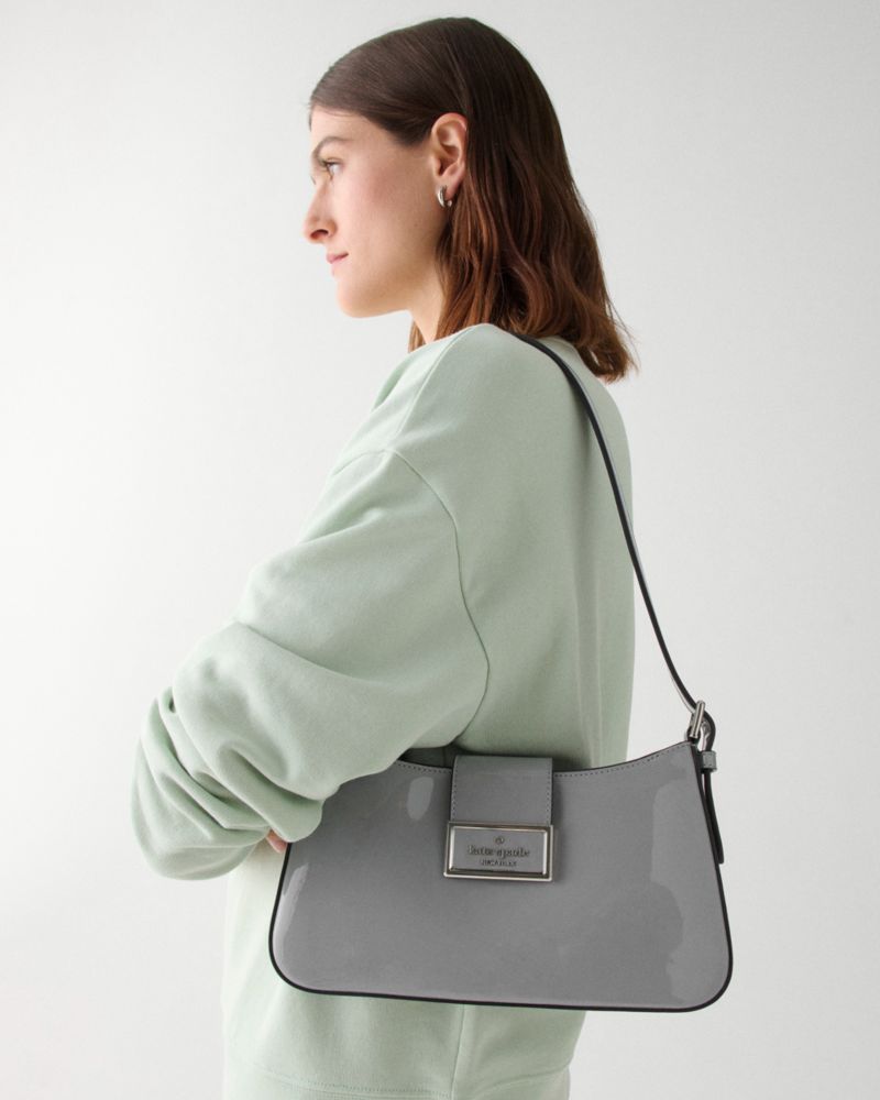 Kate Spade,Reegan Patent Fabric Small Shoulder Bag,Shoulder Bag,Metal,Logo,Day Party,Gray