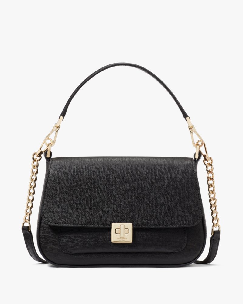 Kate Spade,Phoebe Small Flap Crossbody,Lining Leather,Crossbody,Chain Detail,Lined,Gold Metal,Day Party,Black