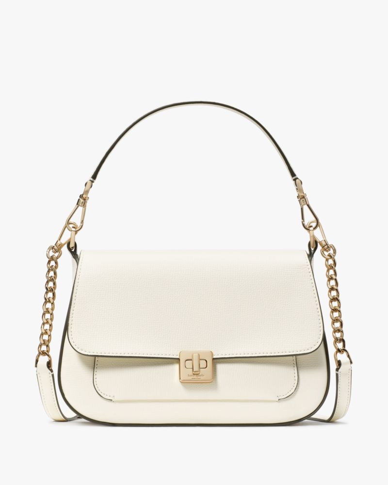 Kate Spade,Phoebe Small Flap Crossbody,Lining Leather,Crossbody,Chain Detail,Lined,Gold Metal,Day Party,Cream